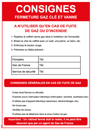 Consigne clé fermeture gaz - Format A4