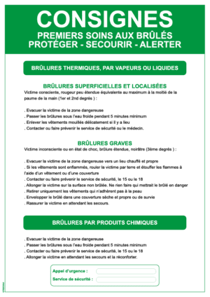 Consigne premier soins aux brûlés - Format A4