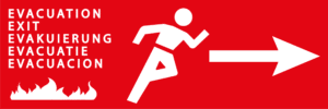 Panneau picto Evacuation incendie camping + Flèche droite - 300x100 mm